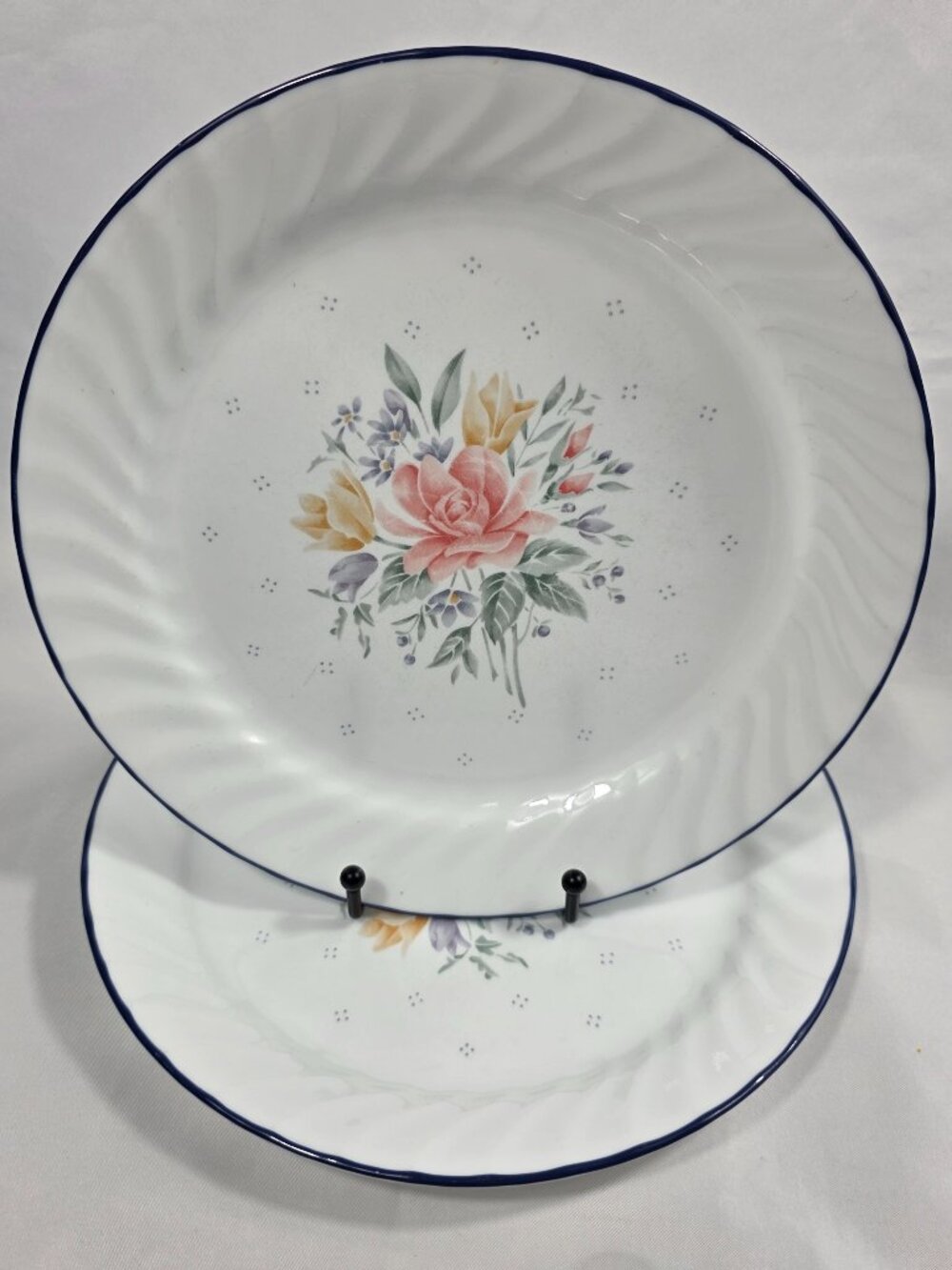 TWO Corning Corelle Promise Dinner Plates Swirl Pink, Blue Yellow Flowers